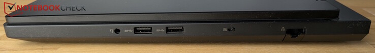 Rechts: 3,5 mm headset-aansluiting, 2× USB-A (5 Gbps), sluiter voor webcam, LAN