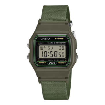 Casio F-91WF-3A met een olijfgroene stoffen band.