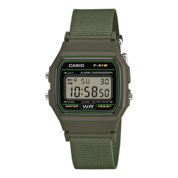 Casio F-91WF-3A digitaal horloge met een zwarte kast met groene accenten en een geweven groene stoffen band.