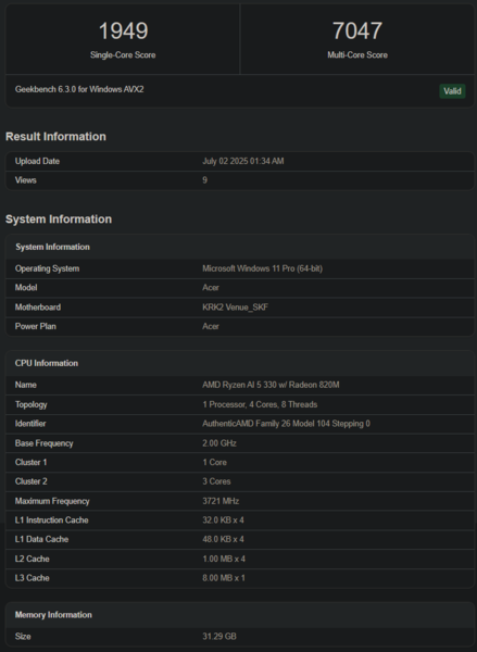 Ryzen AI 5 330 Geekbench notering (bron: Geekbench)