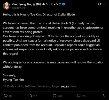 Hyung-Tae Kim post over Stellar Blade X account hack (Afbeeldingsbron: screenshot, Hyung-Tae Kim X account)