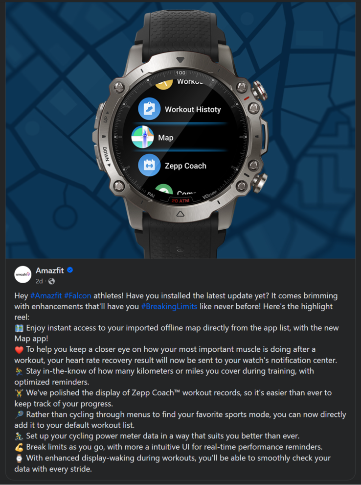 Het wijzigingslogboek voor de nieuwste update voor de Amazfit Falcon smartwatch. (Afbeeldingsbron: Amazfit)