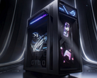 De Asus ROG G1000 desktop - afgebeeld tegen een gestileerde donkere achtergrond. (Afbeeldingsbron: Asus)