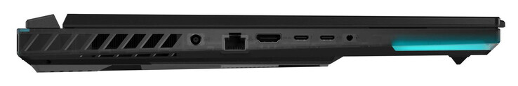 Linkerkant: voeding, Gigabit Ethernet (2,5 Gbit), HDMI, Thunderbolt 4 (USB-C; DisplayPort, G-Sync), USB 3.2 Gen 2 (USB-C; Power Delivery, DisplayPort), audio combo-poort