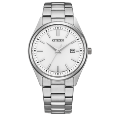 Citizen BM1350-54A Eco-Drive-dresshorloge met een zilverwitte wijzerplaat, aangebrachte staafindexen, Dauphine-wijzers, datumvenster op 3 uur en een geïntegreerde roestvrijstalen armband.