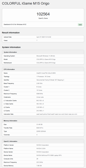RTX 5060 laptop Geekbench OpenCL score (bron: Geekbench)