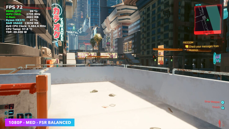 Cyberpunk 2077 draait op een stabiele gemiddelde FPS van 70 bij medium instellingen met FSR Balanced op de AceMagic Retro X5.