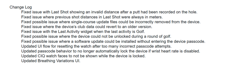 De release notes voor systeemsoftware 6.58 voor de Garmin Approach S44 en S50 horloges. (Afbeelding bron: Garmin)