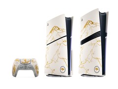 De gouden Ghost of Yotei Limited Edition DualSense, PS5 Slim en PS5 Pro. (Afbeeldingsbron: PlayStation)