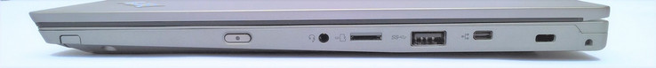 Rechterkant: aan/uitknop, audio combinatiepoort, microSD-kaartslot, 1x USB 3.0 Type-A, miniEthernet, Kensington lock