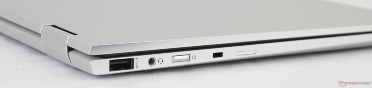 Linkerkant: USB 3.1 Type-A, 3.5 mm gecombineerde audiopoort, aan/uitknop, Nano Security lock slot, Nano-SIM slot (optioneel)