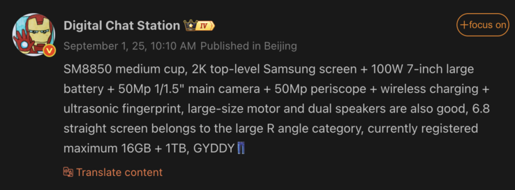 Belangrijkste specificaties van de iQoo 15. (Afb. bron: Weibo - machine vertaald)