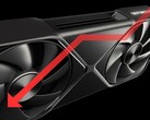 Nvidia RTX 5090 GPU met naar beneden gerichte pijl om prestatiedaling aan te geven.