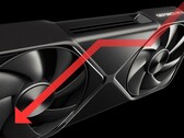 Nvidia RTX 5090 GPU met naar beneden gerichte pijl om prestatiedaling aan te geven.