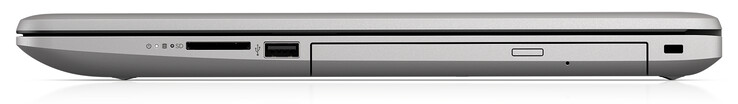 Rechterkant (SKU met ODD): SD kaartlezer, USB 2.0 Type-A, optische drive, slot