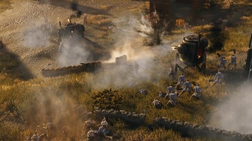 Een afbeelding die een gevecht in Iron Harvest toont.