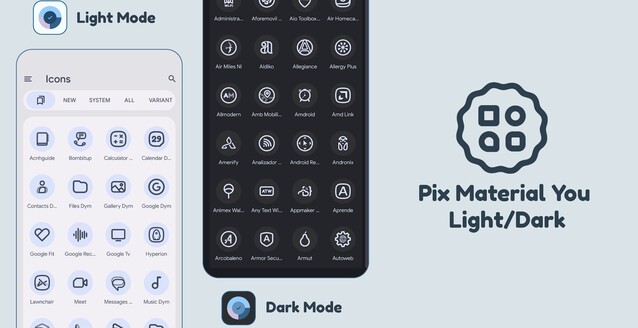 Pix Material You heeft thematische pictogrammen die dynamische kleuren ondersteunen, met pictogrammen voor zelfs de meest obscure apps (Afbeelding Bron: PashPuma Design)
