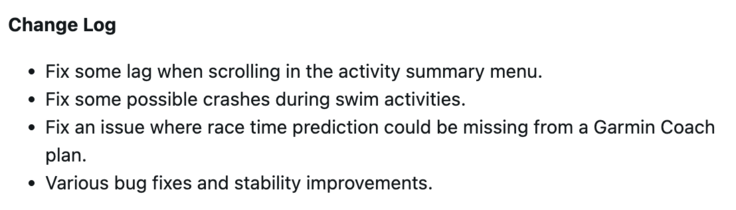 Garmin Forerunner 255 Software Versie 27.09 lijst met wijzigingen. (Afbeelding bron: Garmin)