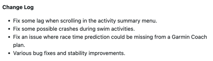 Garmin Forerunner 255 Software Versie 27.09 lijst met wijzigingen. (Afbeelding bron: Garmin)