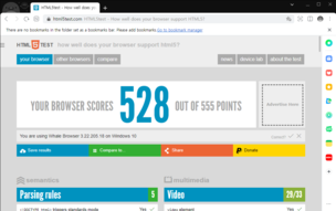 Je browser scoort 528 van de 555 punten (Afbeeldingsbron: schermafdruk van html5test.com)