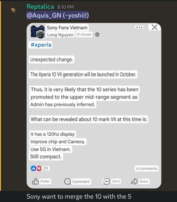 Sony Xperia 10 VII releasedatum gerucht. (Afbeeldingsbron: via Reddit)
