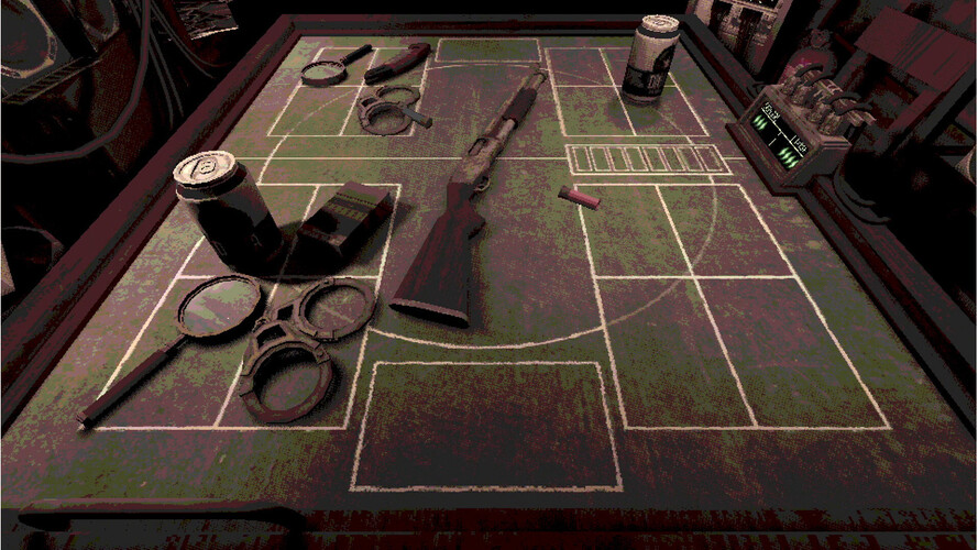 Een screenshot van Buckshot Roulette die de gerandomiseerde voorwerpen in het spel laat zien. (Afbeelding Bron: Steam)