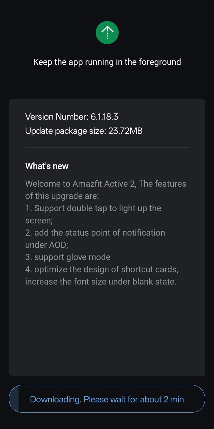 De release notes voor sofwareversie 6.1.18.3 voor de Amazfit Active 2. (Afbeeldingsbron: u/cliffr39 via Reddit)