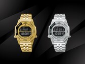 De Seiko Rotocall HFL003P in goud en de HFL002P in roestvrij staal, naast elkaar geplaatst tegen een zwarte achtergrond, zijn beide voorzien van een negatief LCD-scherm, een draaibare functiering en een geïntegreerde roestvrijstalen armband.