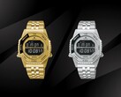 De Seiko Rotocall HFL003P in goud en de HFL002P in roestvrij staal, naast elkaar geplaatst tegen een zwarte achtergrond, zijn beide voorzien van een negatief LCD-scherm, een draaibare functiering en een geïntegreerde roestvrijstalen armband.