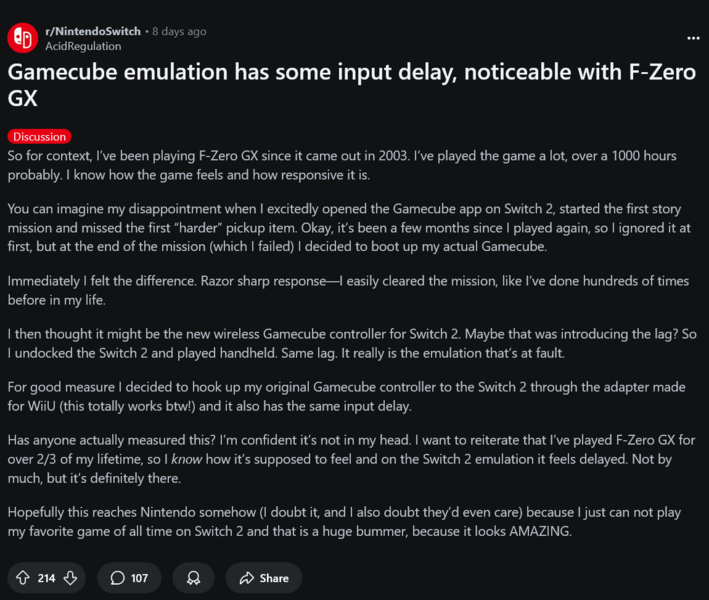 Switch 2 GameCube emulator klachten (Afbeelding bron: screenshot, Nintendo Switch subreddit)