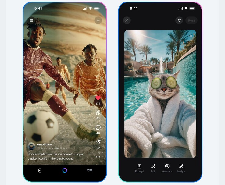 Meta Vibes AI videofeed met een door AI gegenereerde voetbalwedstrijd op Europa en een kattenselfie in een spabroek bij een zwembad (bron: Meta)