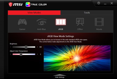 MSI True Color. De sRGB instelling is niet geheel betrouwbaar en het beeldscherm is niet gekalibreerd in de fabriek