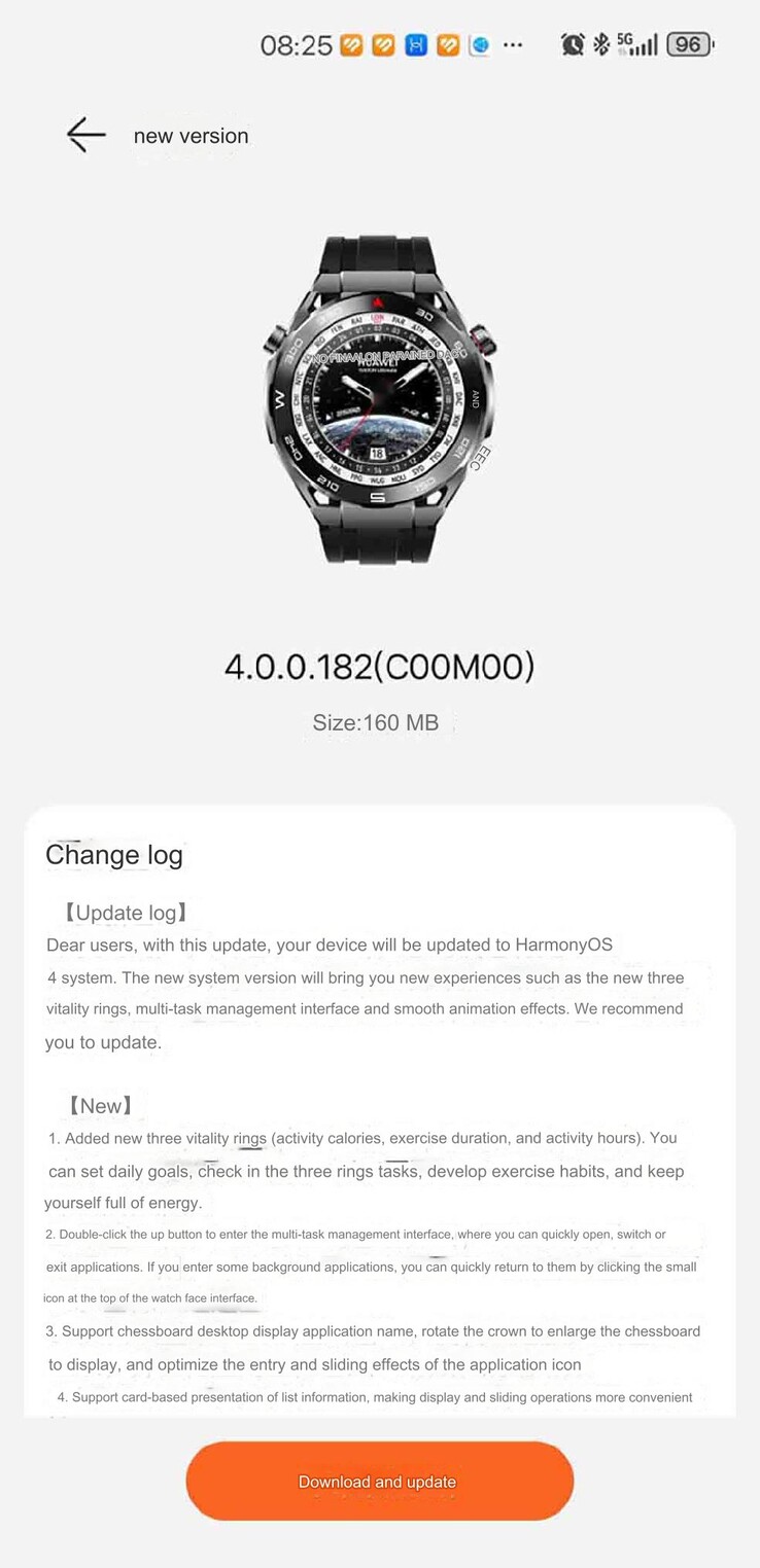Deel van het veranderingslogboek voor Huawei Watch Ultimate software versie 4.0.0.182(C00M00). (Afbeeldingsbron: Huawei Central via Google Translate)