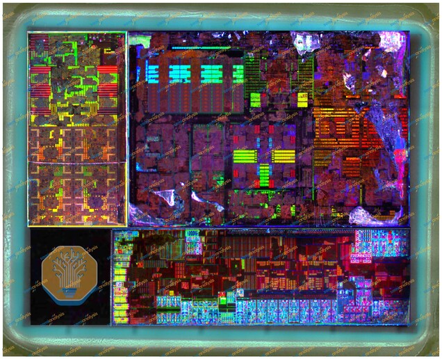 Een foto van het volledige chipontwerp van een Panther Lake-processor. Het ontwerp combineert afzonderlijke reken-, grafische en I/O-modules.