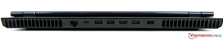 Achterkant: Netwerk/LAN (RJ-45), USB-C 3.2 Gen 2 (DisplayPort 1.4 en voeding), 2 x USB-A 3.2 Gen 1, HDMI 2.1, USB-A 3.2 Gen 1, voedingsaansluiting