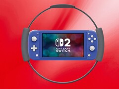 Mockup van Switch 2 Lite omringd door Ring Fit-controller