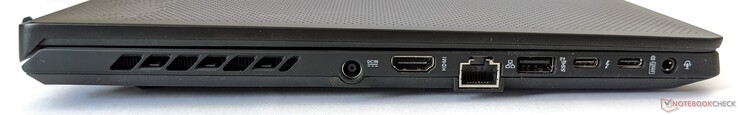 Linkerzijde: Stopcontact, HDMI 2.0b-uitgang, Gigabit Ethernet-poort, één USB-A 3.2 Gen 2-poort, één Thunderbolt 4-poort, één USB-C 3.2 Gen 2-poort (met ondersteuning voor DP 1.4 en PD 3.0), gecombineerde 3,5-mm hoofdtelefoon/microfoon-aansluiting