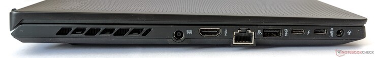 Linkerzijde: Stopcontact, HDMI 2.0b-uitgang, Gigabit Ethernet-poort, één USB-A 3.2 Gen 2-poort, één Thunderbolt 4-poort, één USB-C 3.2 Gen 2-poort (met ondersteuning voor DP 1.4 en PD 3.0), gecombineerde 3,5-mm hoofdtelefoon/microfoon-aansluiting