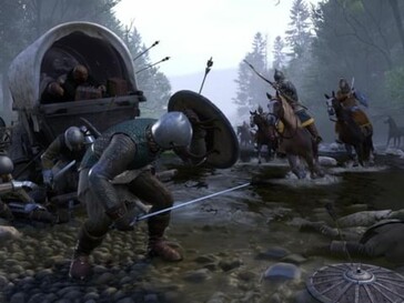 Gevechtsscène uit Kingdom Come: Deliverance waarin gepantserde soldaten in een hinderlaag lopen bij een wagen in ondiep water.