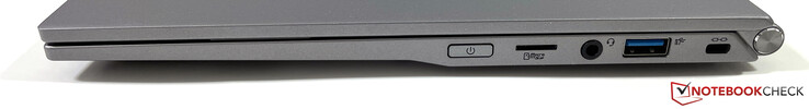 Rechts: Aan/uit-knop, microSD-lezer, 3,5 mm audio, USB-A (3.2 Gen.1), Kensington-slot