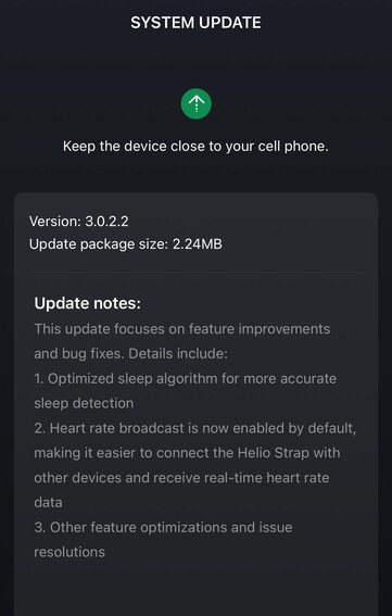 De release notes voor softwareversie 3.0.2.2 voor de Amazfit Helio Strap. (Afbeeldingsbron: u/Secure-Carrot9971 via Reddit)