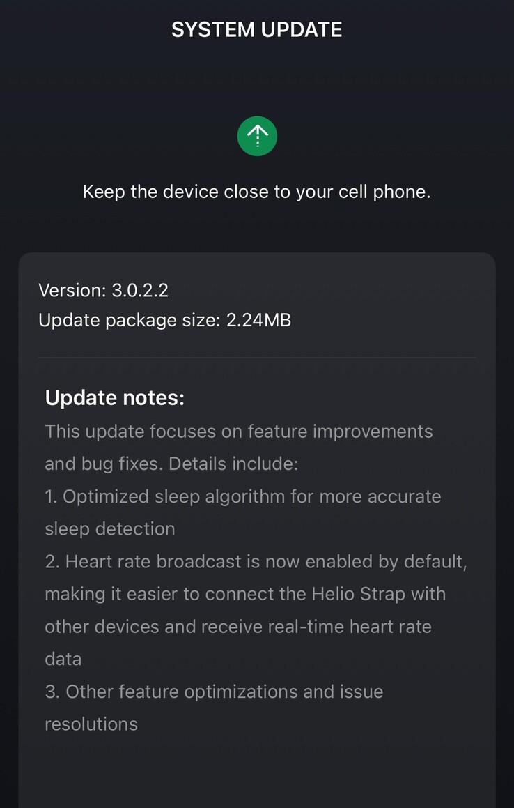 De release notes voor softwareversie 3.0.2.2 voor de Amazfit Helio Strap. (Afbeeldingsbron: u/Secure-Carrot9971 via Reddit)
