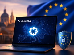 Een laptop met de Europese AI-host Eustella