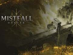 De coverillustratie van *Mistfall Hunter* die de duistere fantasiewereld van de Gyldenmist in beeld brengt.