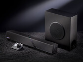 De desktopluidsprekerset kost in China ongeveer 548 dollar. Afgebeeld: een promotiefoto waarop de soundbar, de woofer en de afstandsbediening te zien zijn.