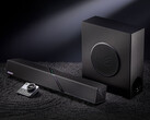 De desktopluidsprekerset kost in China ongeveer 548 dollar. Afgebeeld: een promotiefoto waarop de soundbar, de woofer en de afstandsbediening te zien zijn.