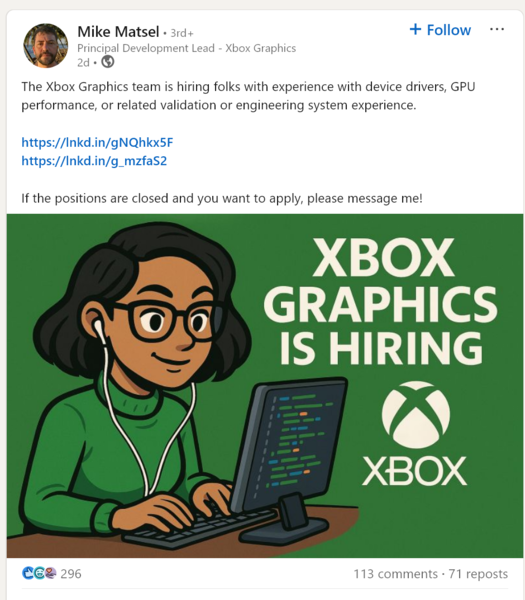 Mike Matsel LinkedIn-vacature voor Xbox Graphics-positie (Afbeelding bron: Mike Matsel LinkedIn-account)