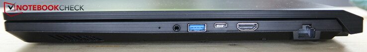 Rechts: headset-poort, USB-A 3.0, USB-C 3.0, HDMI
