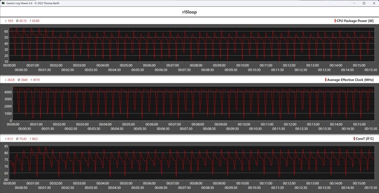 CPU gegevens tijdens de Cinebench R15 loop