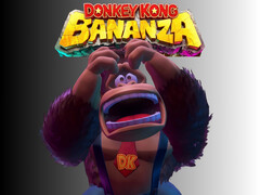 Een geïrriteerde Donkey Kong afgebeeld onder het Donkey Kong Bananza-logo (bron: Nintendo of America met bewerkingen)
